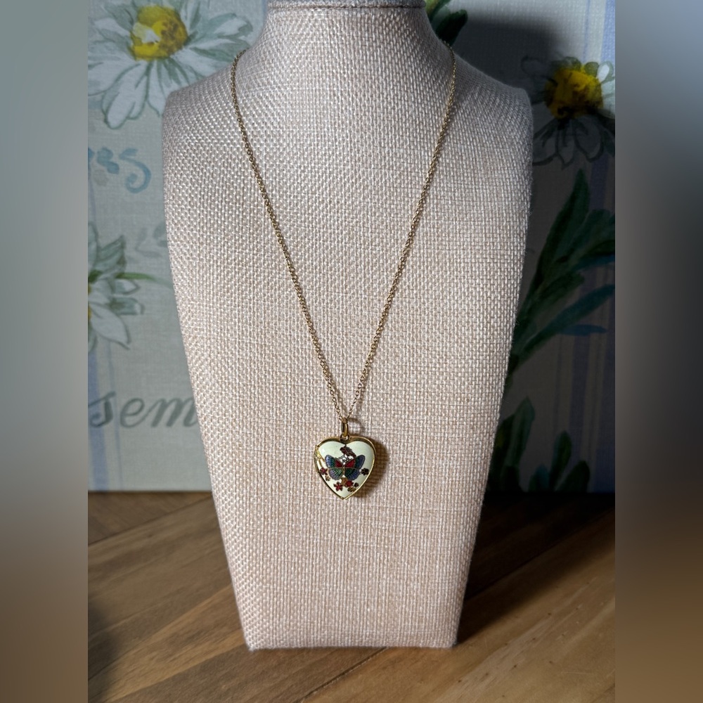 Vintage Cloisonne Butterfly Heart locket On 18k Plated Over Stainless Steel